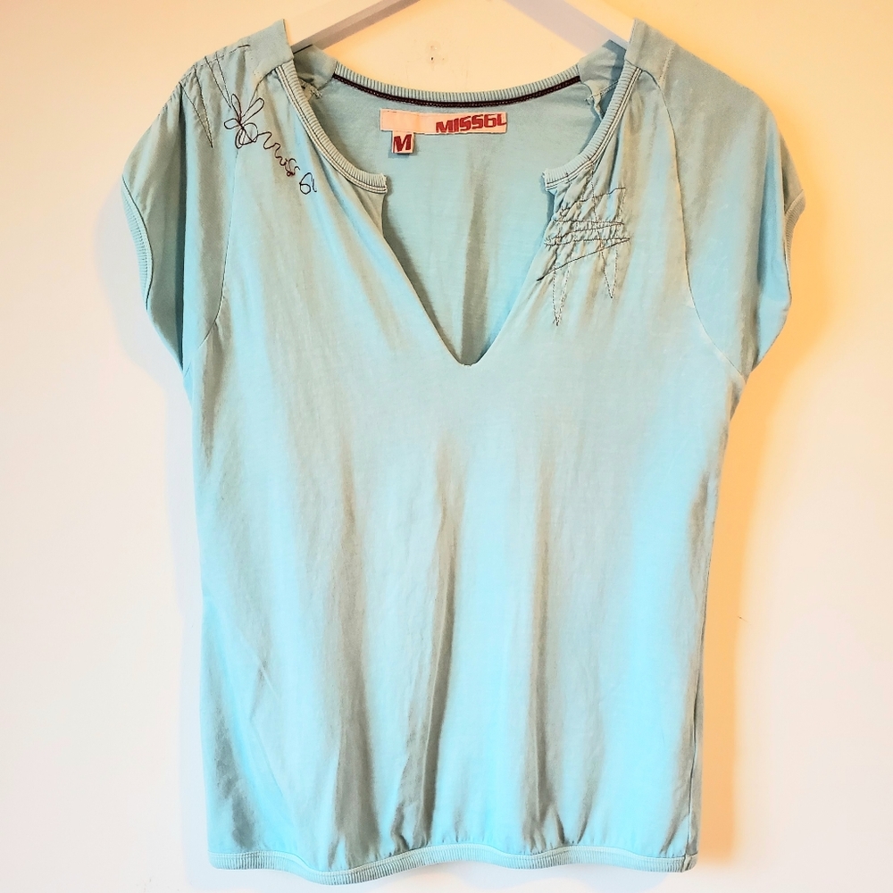 Miss Sixty Light Aqua Short Sleeve V-Neck Tee